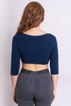 Women's indigo blue 3/4 sleeve bra instant sleeve made of stretchy natural fibers with full back coverage.