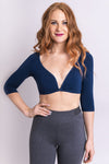 Women's indigo blue 3/4 sleeve bra instant sleeve made of stretchy natural fibers.