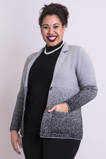 Women's grey pixel long-sleeve shirt collar cardigan sweater with two front pockets and buttons.