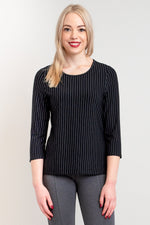 Women's black and white pin stripe simple 3/4 sleeve shirt with round neckline, made with comfy and natural bamboo fibers.