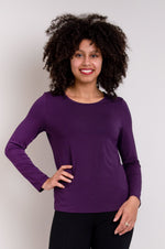 Women's casual, purple long-sleeve shirt with round neckline, made of natural bamboo fibers.