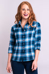 Women's blue flannel 3/4 sleeve short button-up collar dress shirt made with natural fibers.