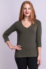 Women's casual khaki green 3/4 sleeve V-neck shirt made with natural stretchy fibers.
