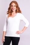 Women's casual white 3/4 sleeve V-neck shirt made with natural stretchy fibers.