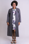 Women's ash grey long light overcoat open front trench coat with long sleeves and pockets.