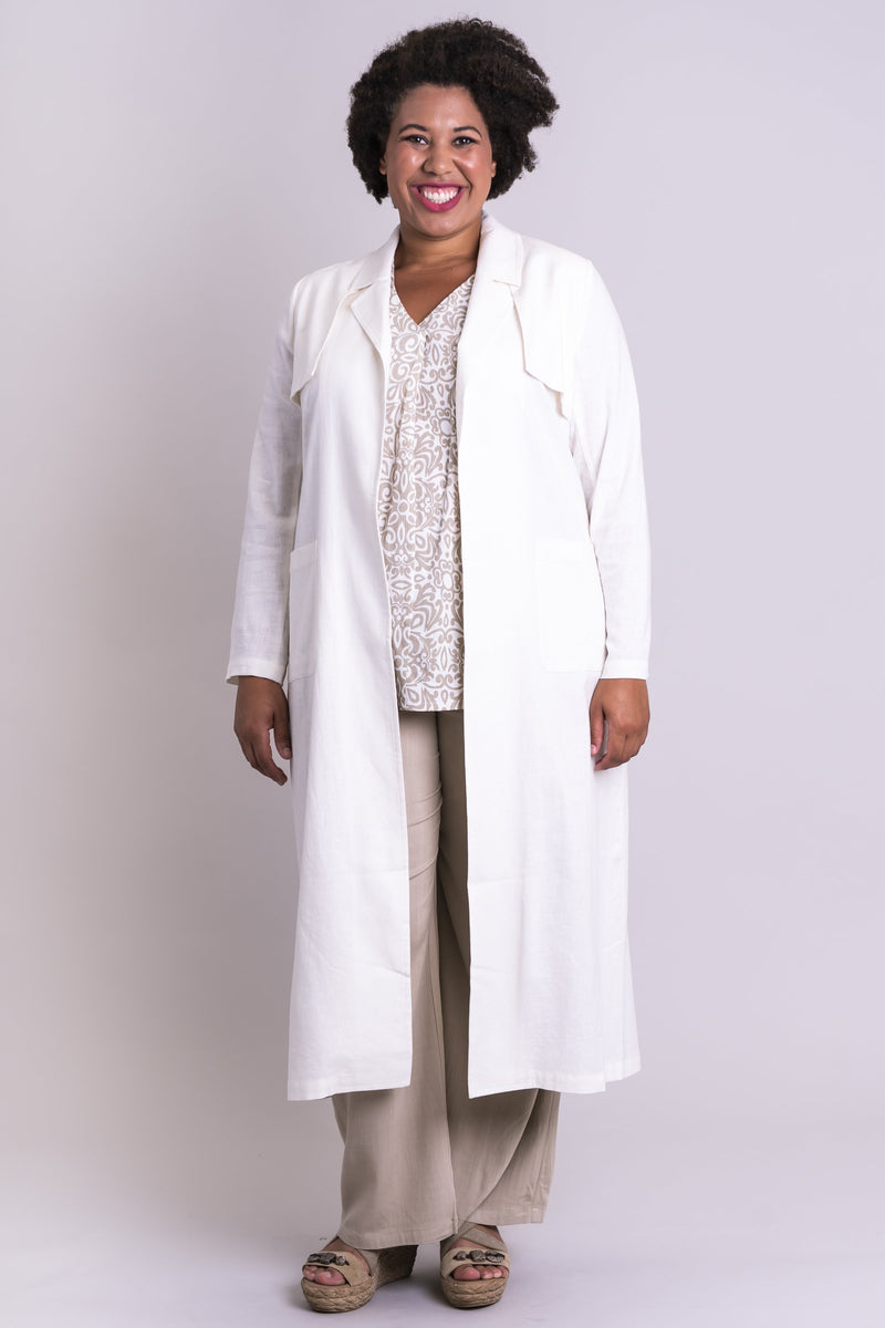 Women's white long light overcoat open front trench coat with long sleeves and pockets.