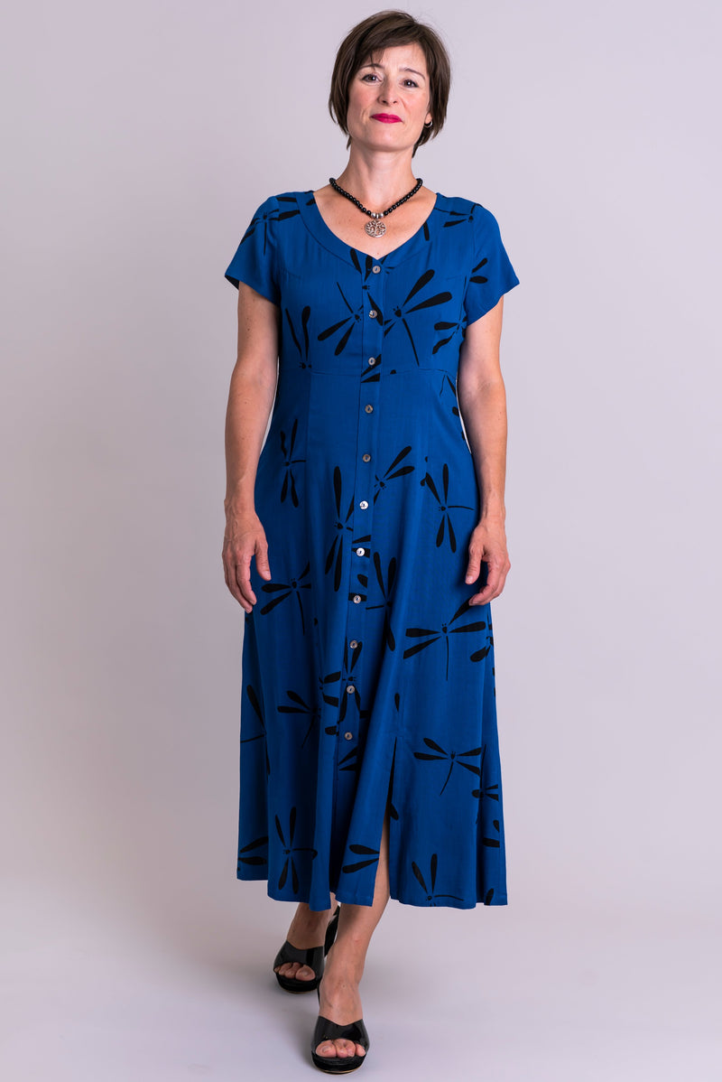 Morgan Dress, Sapphire Dragonfly, Linen Bamboo - Blue Sky Clothing Co