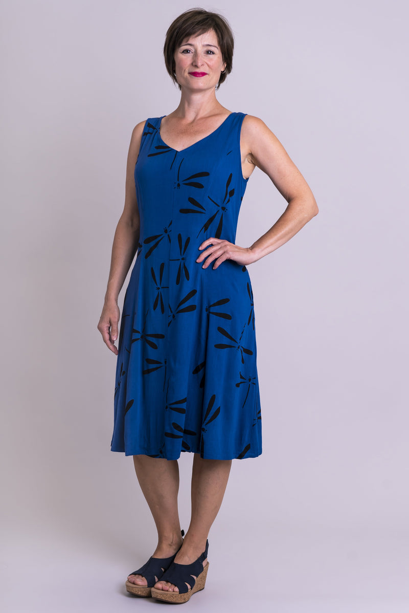 Women's blue dragonfly print short knee-length sleeveless summer dress with V-neck.