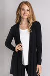 Women's long black solid open front light cardigan, long-sleeve jacket.