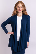 Women's long indigo blue solid open front light cardigan, long-sleeve jacket.