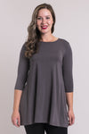 Women's plus-size charcoal grey 3/4 sleeve tunic dress. Made with sustainable and fair-trade natural fibers.