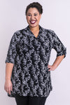 Women's black batik art 3/4 sleeve V-neck blouse tunic with small collar, pockets, and round hemline.