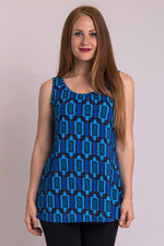 Women's blue Fairlane print casual flowy tank top with wide shoulder strap and U-neckline.