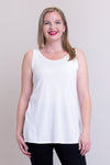 Women's plus-size casual white flowy tank top with wide shoulder strap and U-neckline.