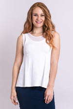 Women's white classy sleeveless tank top shirt with mesh underlay and wide shoulder straps.