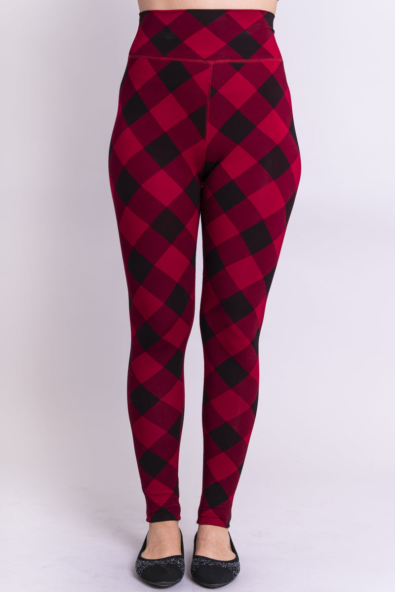 Women's basic and comfy red plaid legging for casual or workout wear, made with natural and sustainable bamboo fibers.