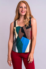 Women's abstract print short bodice sweetheart neckline tank top shirt with wide shoulder straps.