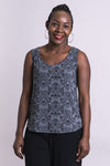 Women's grey print short bodice sweetheart neckline tank top shirt with wide shoulder straps.