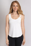 Women's white short bodice sweetheart neckline tank top shirt with wide shoulder straps.