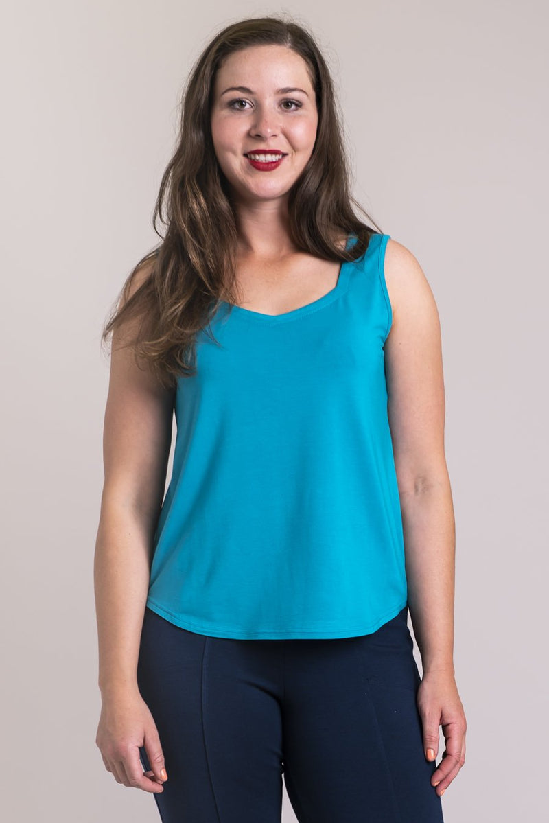 Women's sea blue short bodice sweetheart neckline tank top shirt with wide shoulder straps.