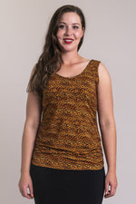 Women's gold cheetah animal print tank top with round neckline, made with natural bamboo fibers.