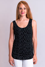 Women's black polkadot print tank top with round neckline, made with natural bamboo fibers.