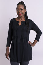 Women's black 3/4 sleeve tunic dress with keyhole neckline and front pleats.