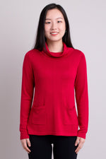 Women's burgundy red cowl neck two front pocket pullover long-sleeve sweatshirt.