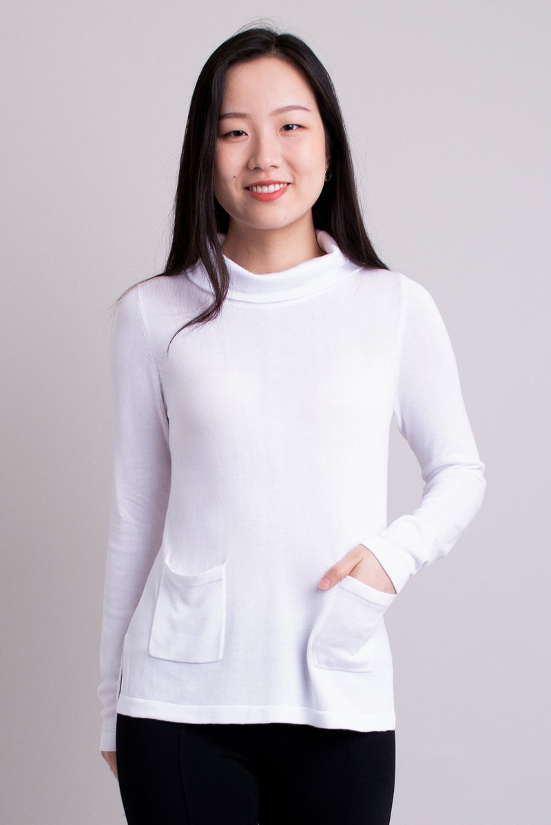 Women's white cowl neck two front pocket pullover long-sleeve sweatshirt.