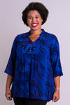 Women's blue dragonfly batik art 3/4 sleeve blouse tunic shirt with with V-neck, and mandarin collar.