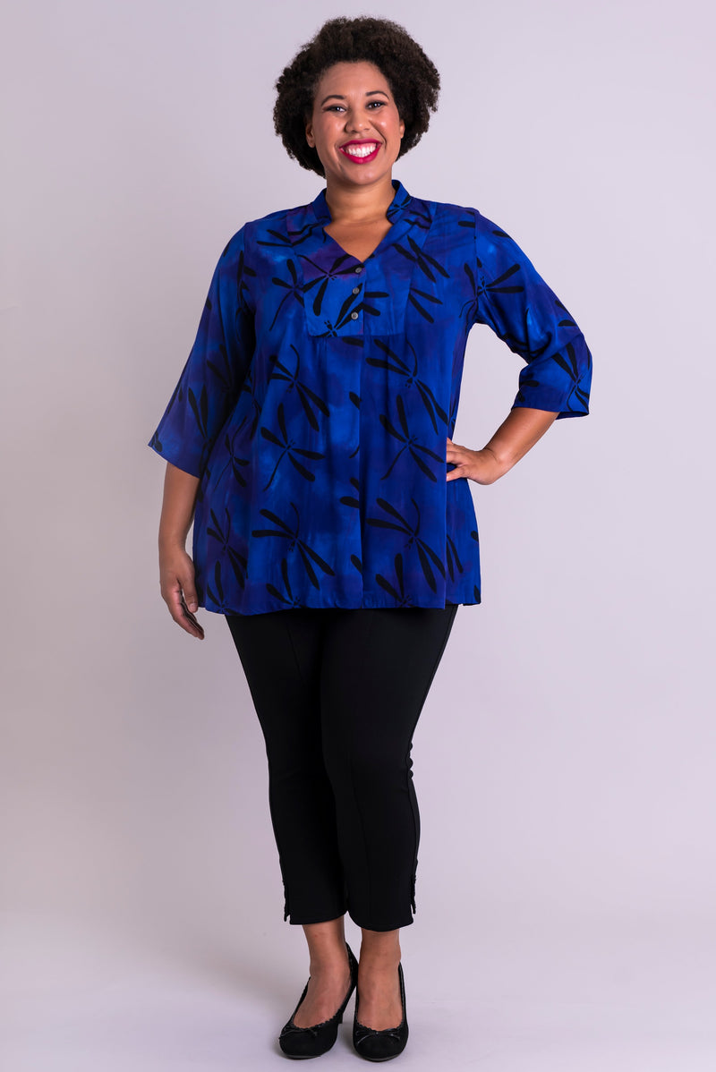 Shirley Blouse, Violet Dragonfly, Batik Art - Blue Sky Clothing Co