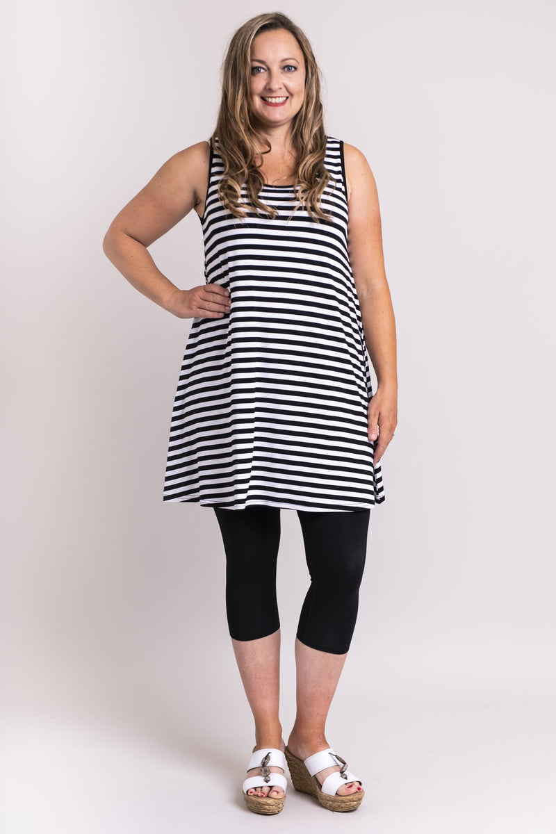 Women's short black and white stripe 3/4 sleeve tunic dress with round neckline, made with natural bamboo fibers.
