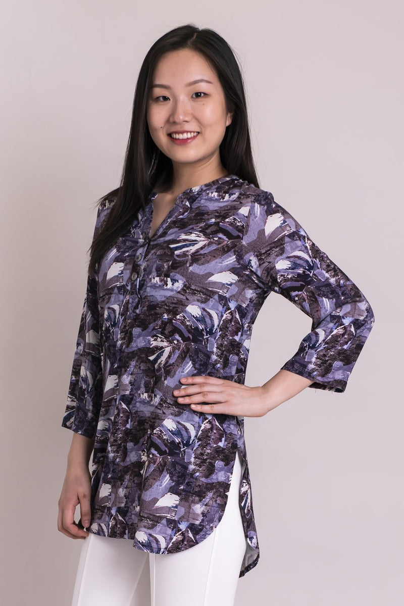 Women's violet camo print 3/4 sleeve tailored blouse with V-neck and small band collar, made of natural bamboo linen fibers.
