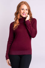 Women's cozy, burgundy red long sleeve turtleneck sweater, made of natural bamboo cotton fibers.