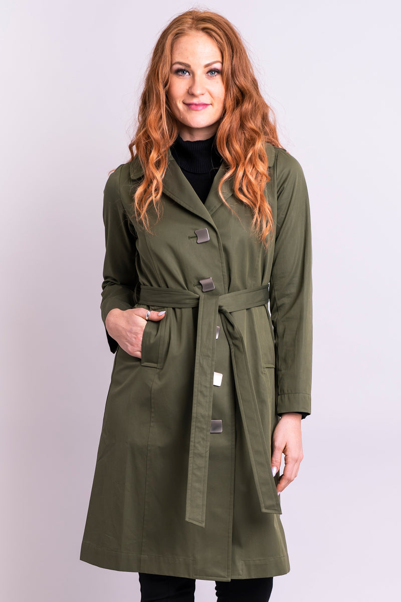 Women's long khaki green double breasted trench coat with belt, button, and pea collar.