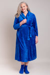 Women's warm and comfy winter cobalt blue velvet bathrobe gown for sleep or evening wear.