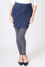 Women's indigo grey print fitted short stretchy skirt, made with natural bamboo fibers.